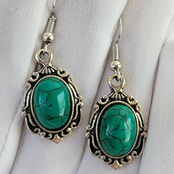 Earrings Silver Tone Turquoise Teal Earrings #0064 - Picture 7 of 7